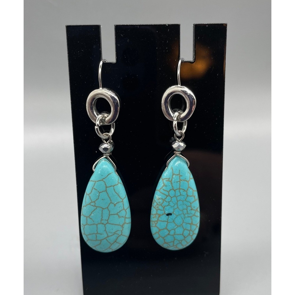 Faux Turquoise Teardrop Dangle Earrings Silver Tone Boho Southwestern‎ Drop